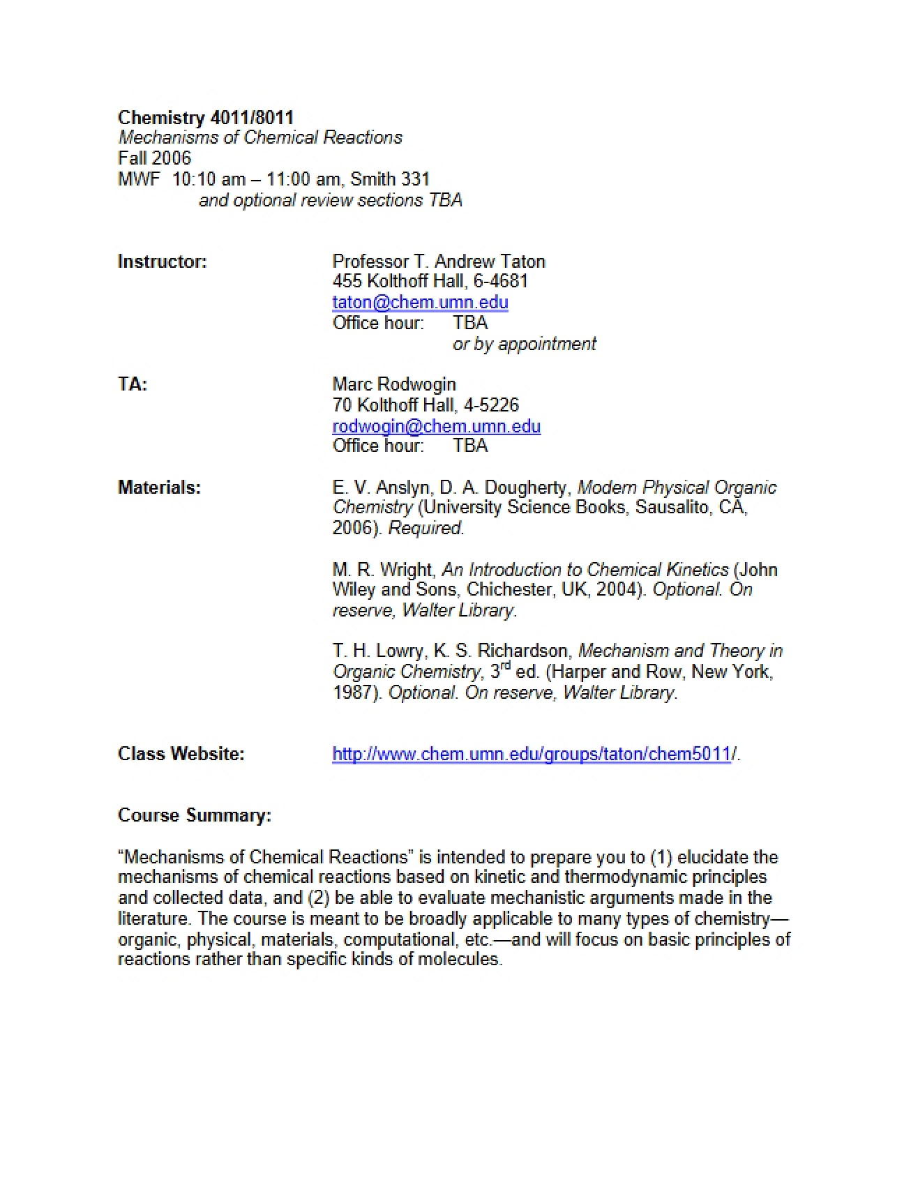 Syllabus for Chemical Mechanisms