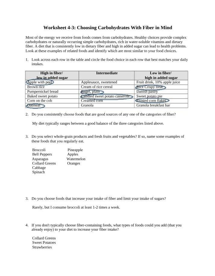Worksheet 4-3 - Choosing Carbohydrates with Fiber
