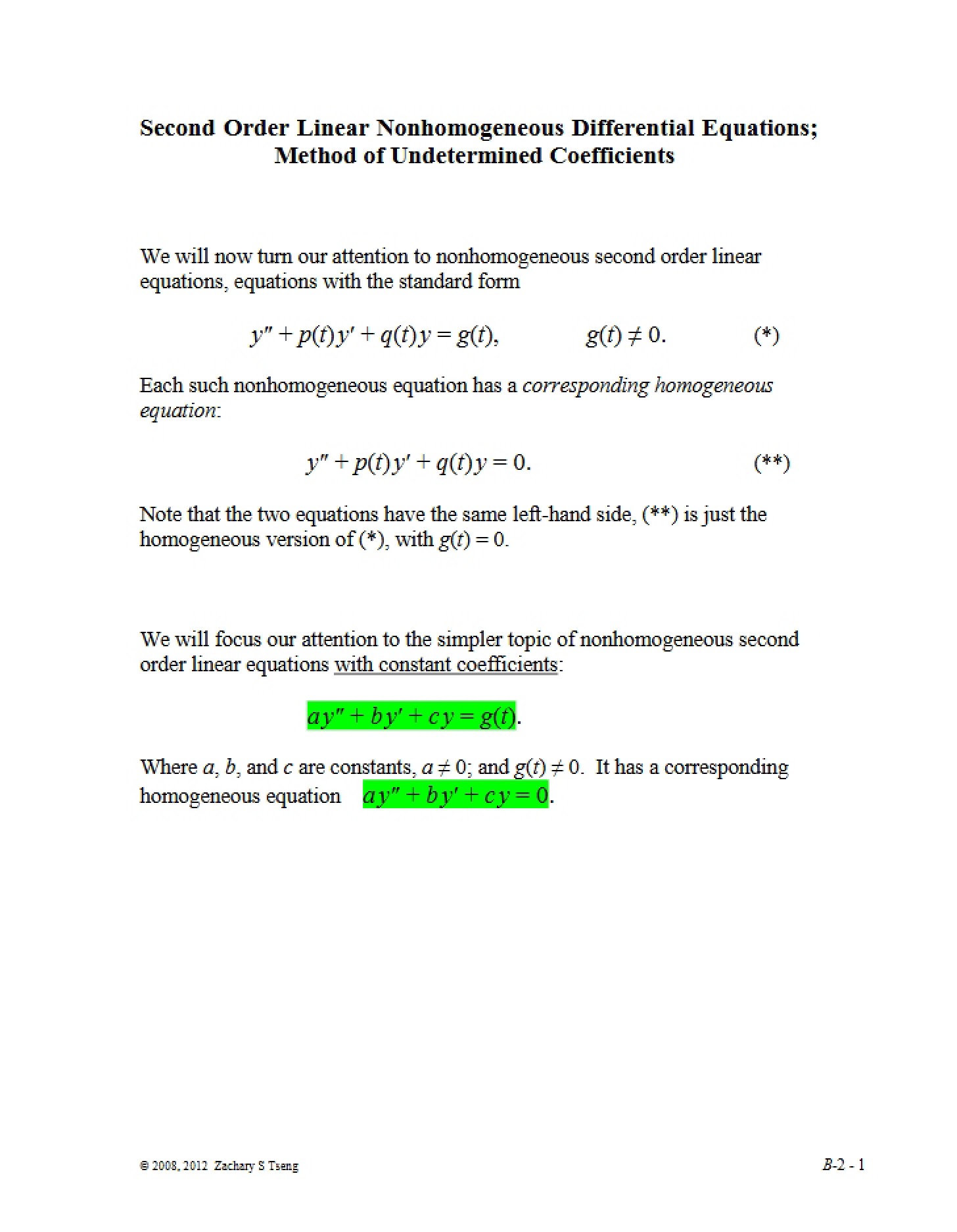 Undetermined Coefficients Method