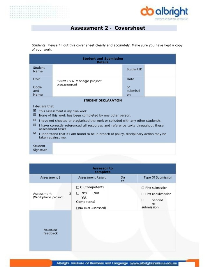 Assessment for Manage Project Procurement