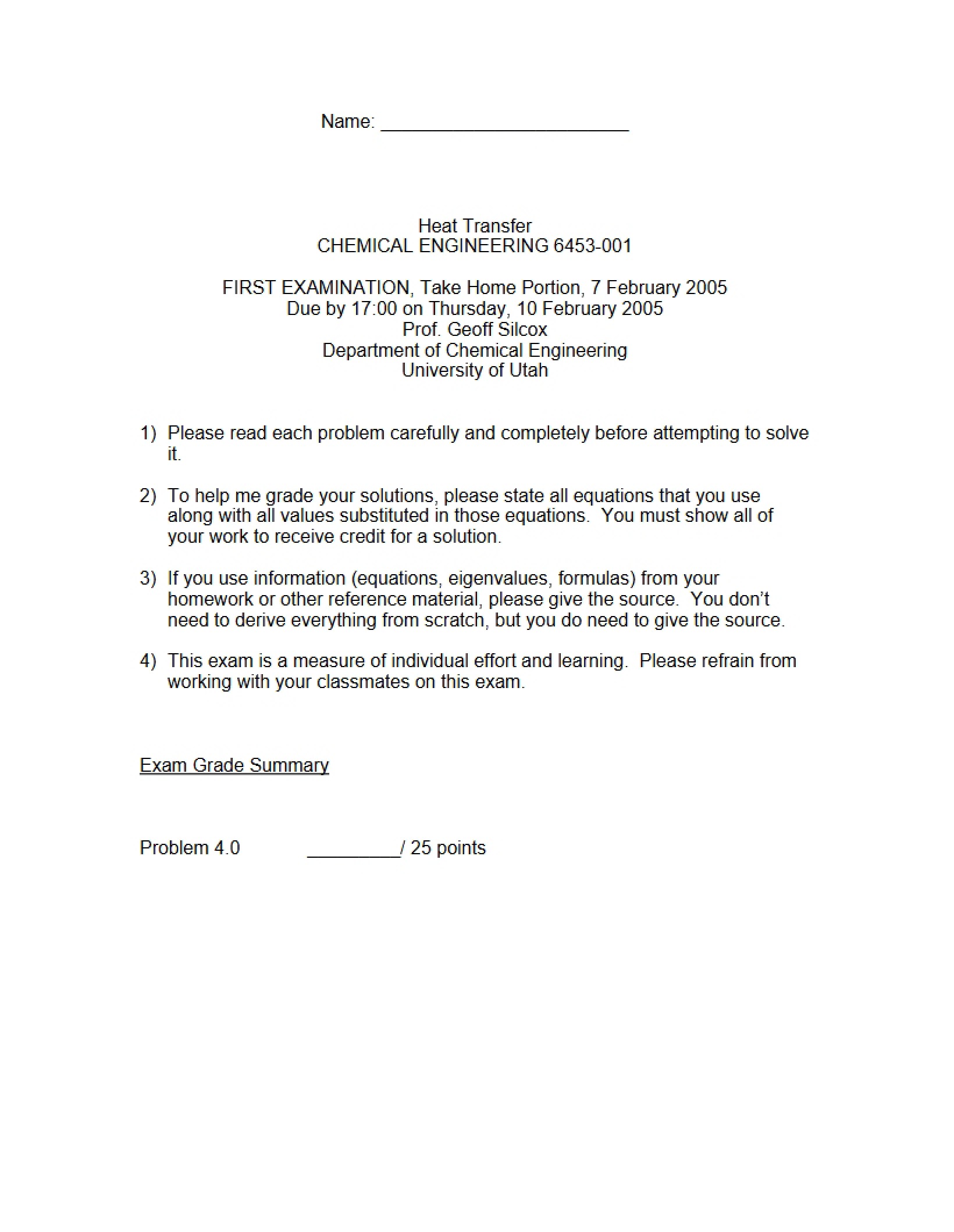 Take-Home Exam Heat Transfer