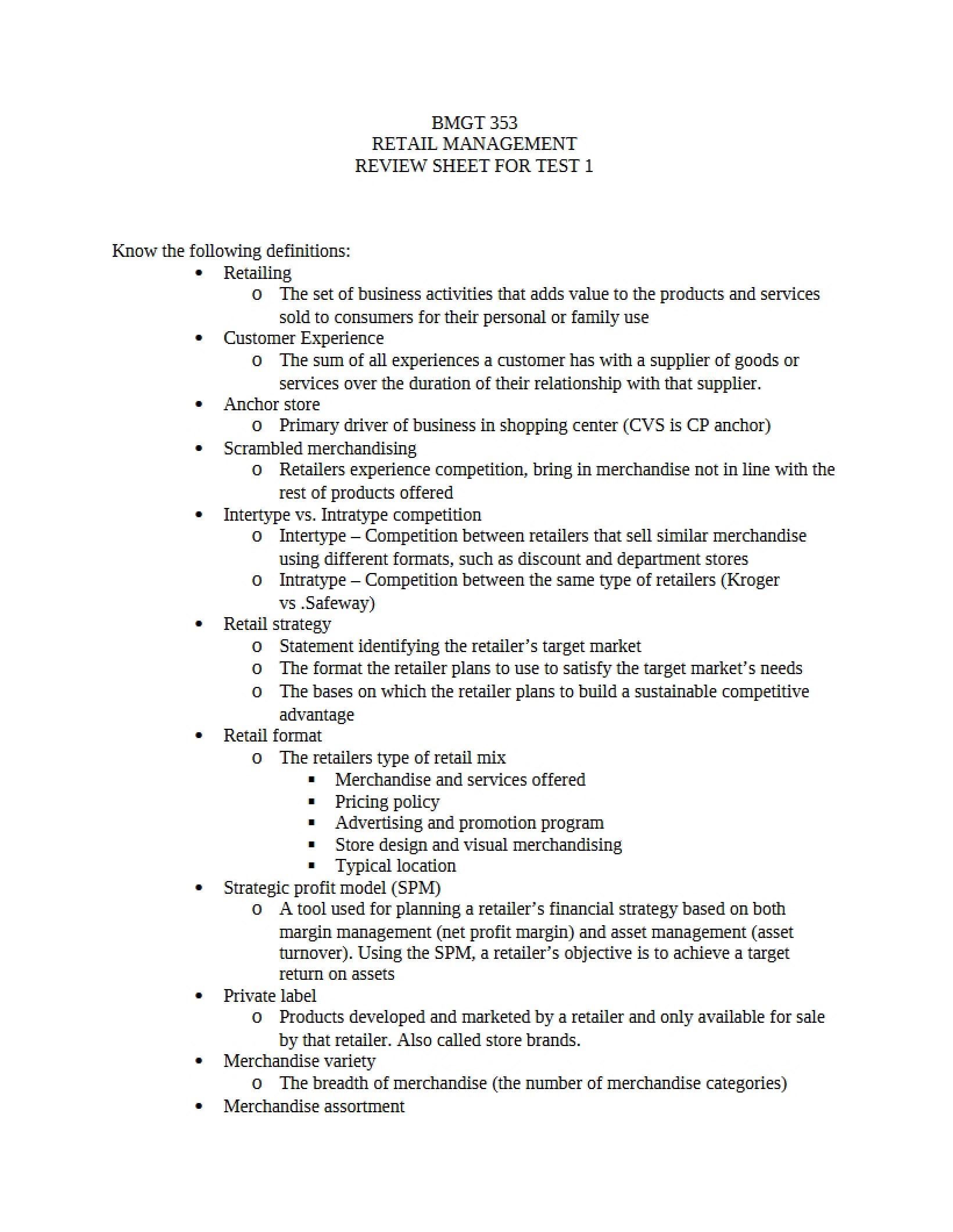 Test 1 Review Sheet