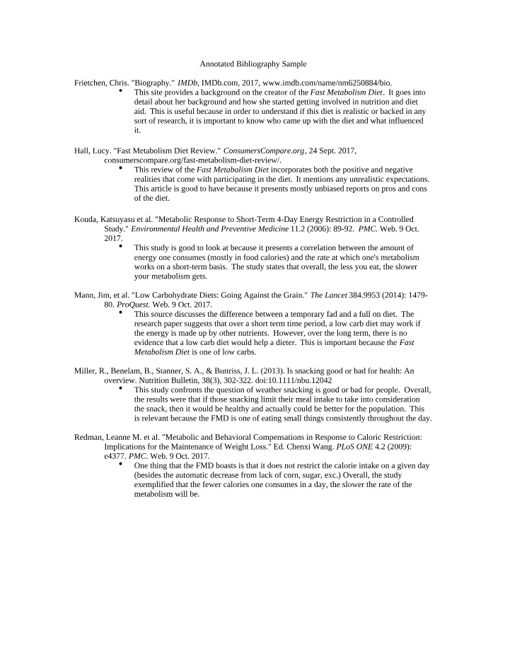 Fast Metabolism Diet - Research Findings & Annotated Bibliography