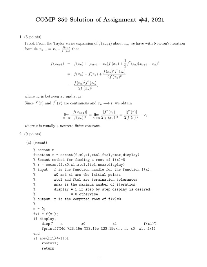 Assignment 4 Solution - Newton's Iteration and Secant Method