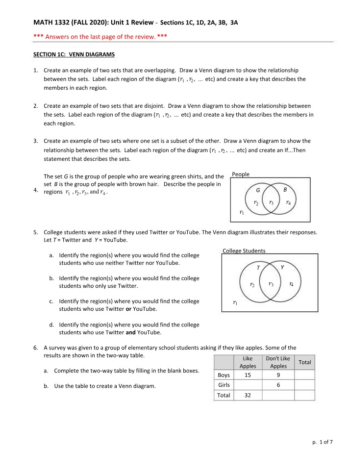 Unit 1 Review - Venn Diagrams and Set Relationships