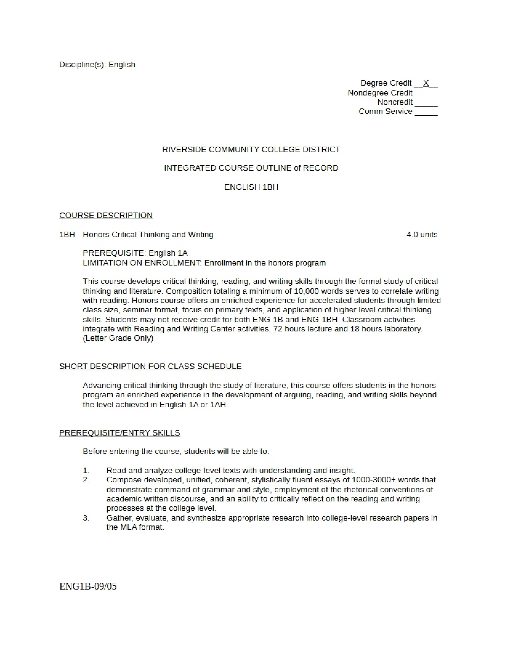 Outline for Honors Writing Course
