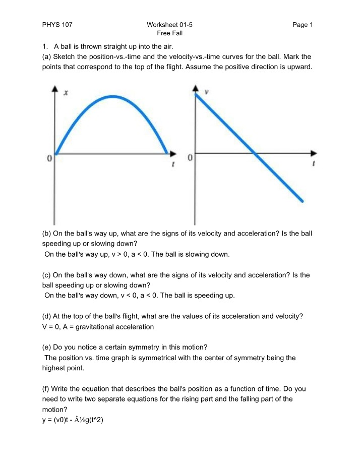 Free Fall Worksheet 01-5 - PHYS 107