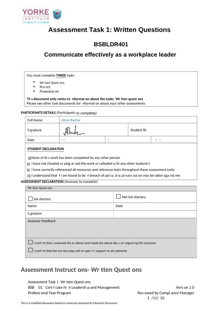 BSBLDR401 Written Questions for Task 1