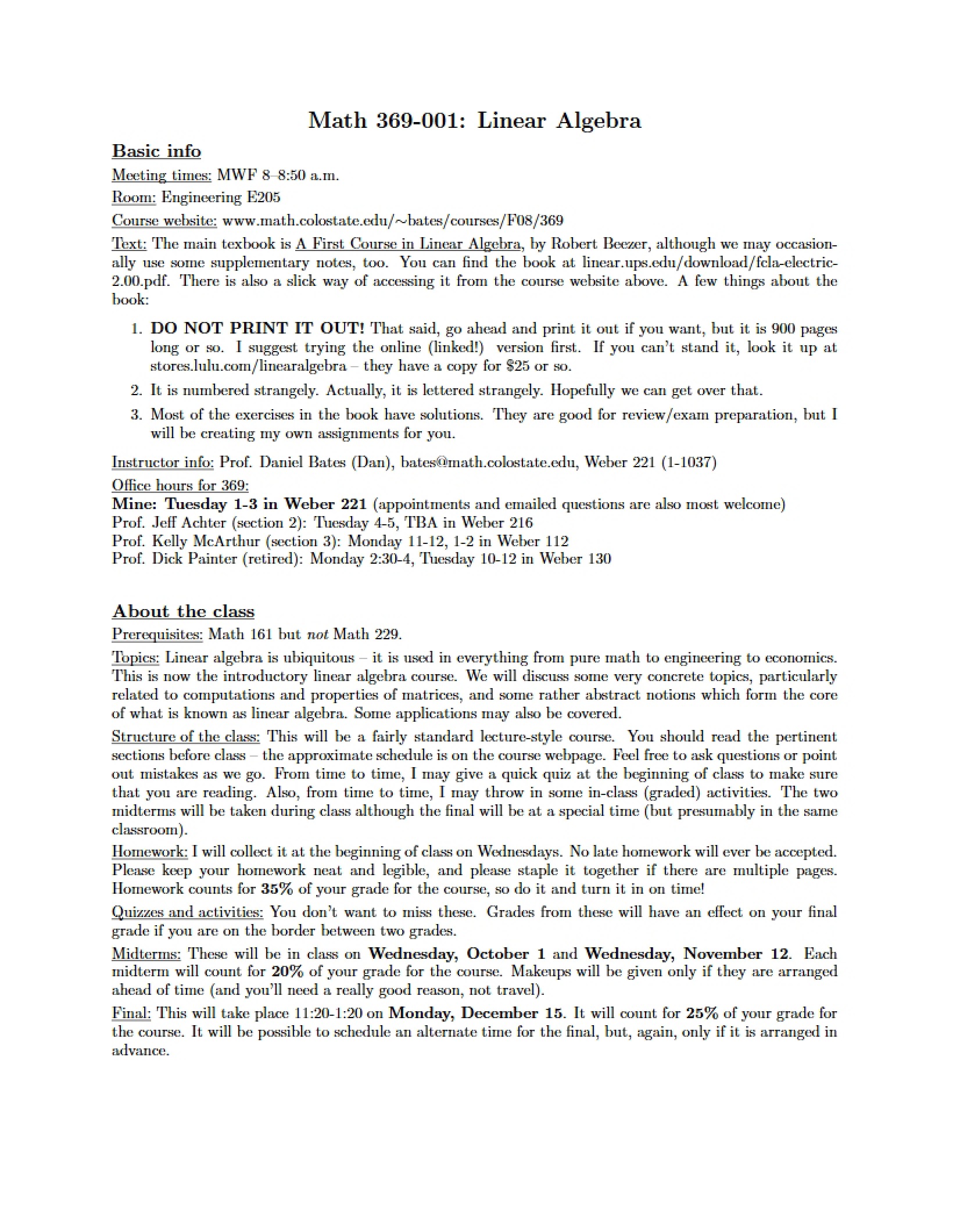 Linear Algebra Syllabus