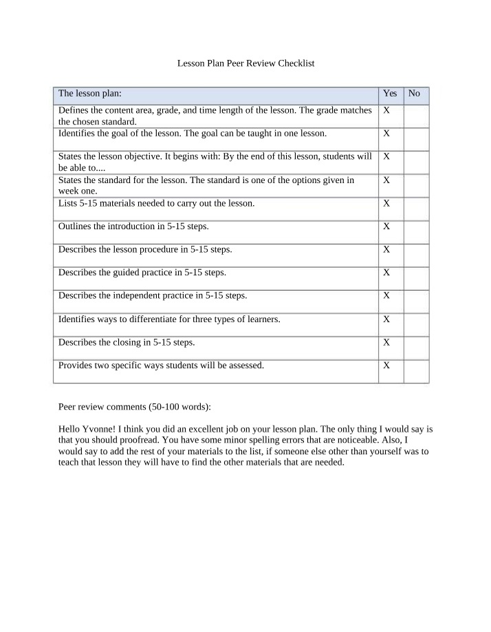 Yvonne's Lesson Plan Peer Review Checklist