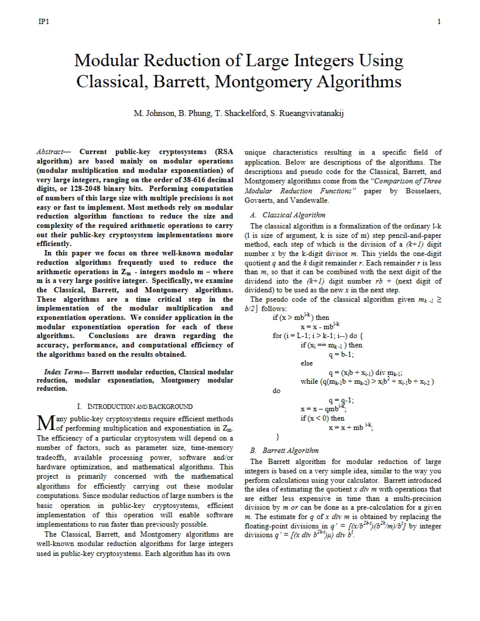 Montgomery, Barrett, and Classical Algorithms for Modular Reduction