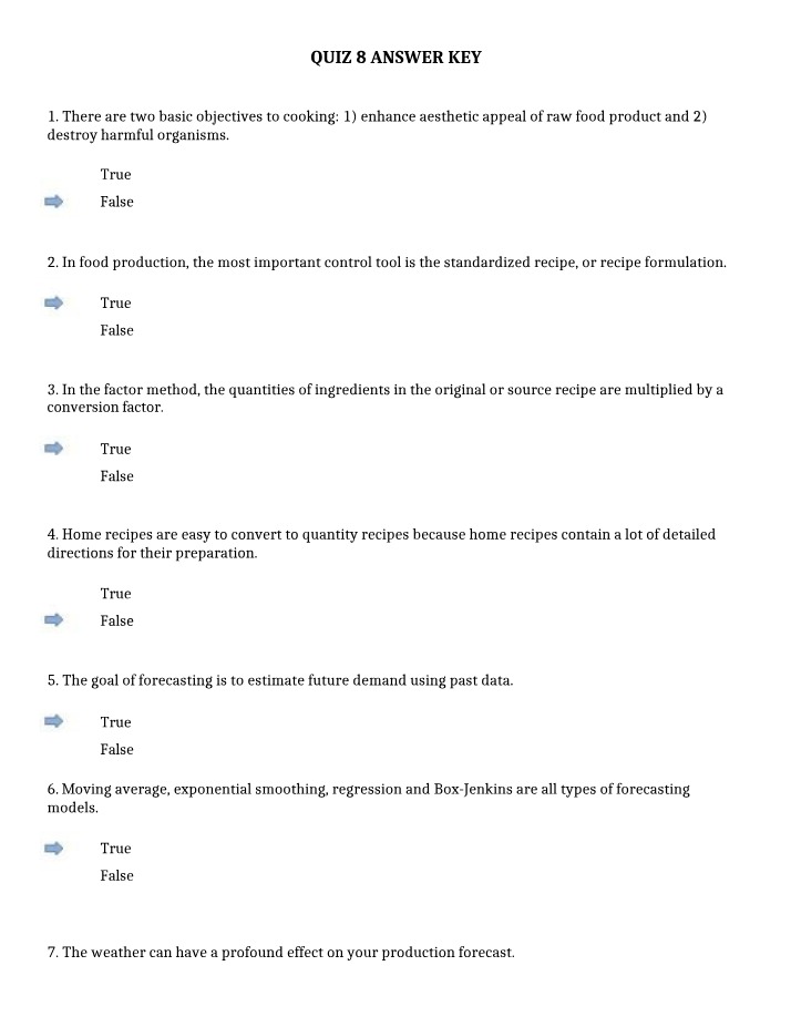Basics of Cooking and Food Production - Quiz 8 Key