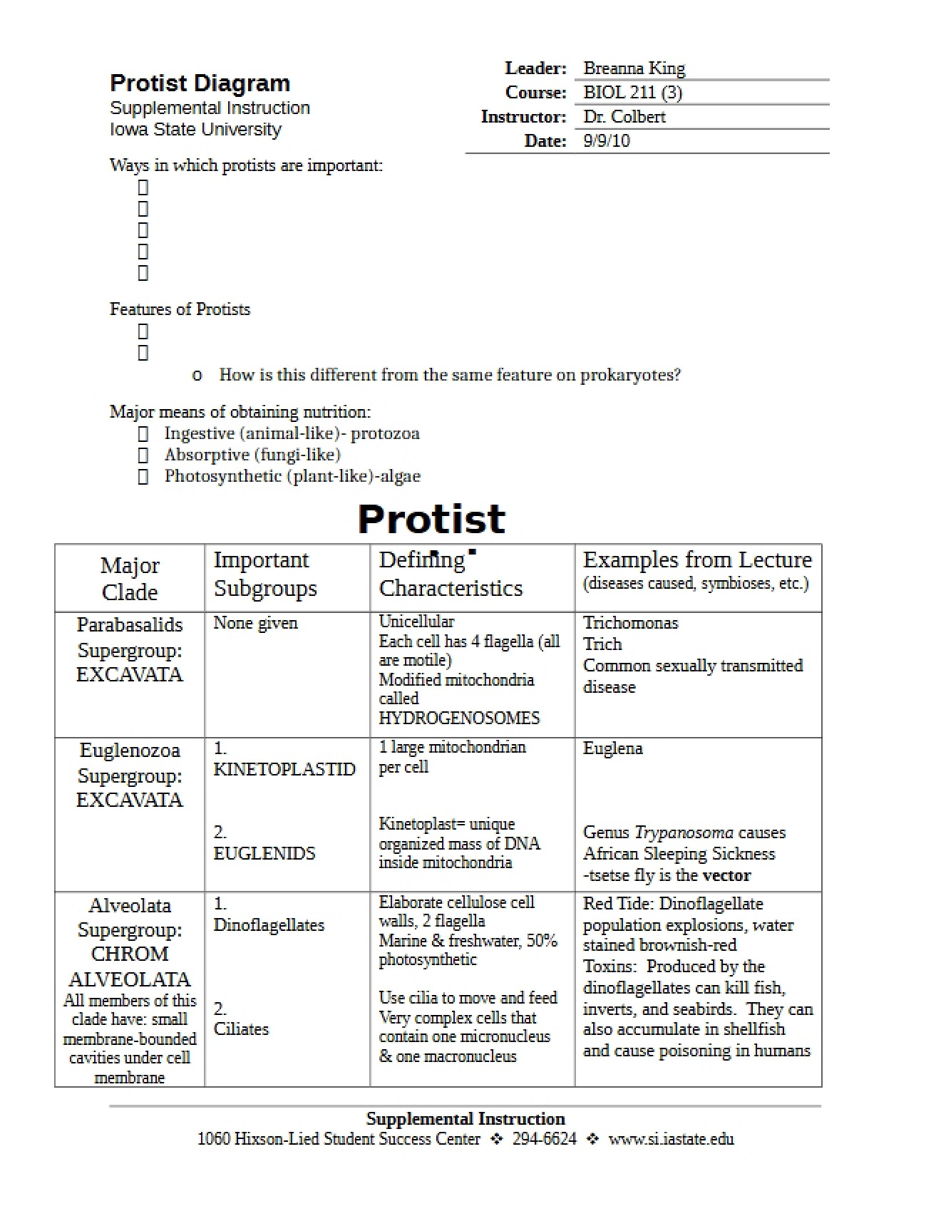 Answer Key for the Protist Diagram in Biology I