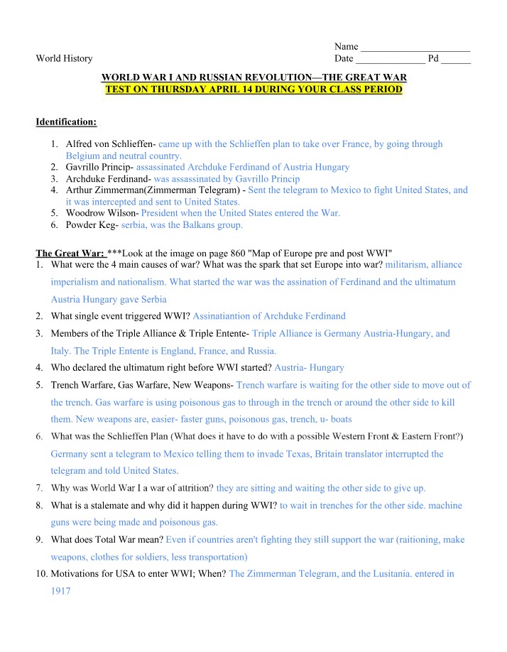 Test on World War I and Russian Revolution Causes, Events, and Impact