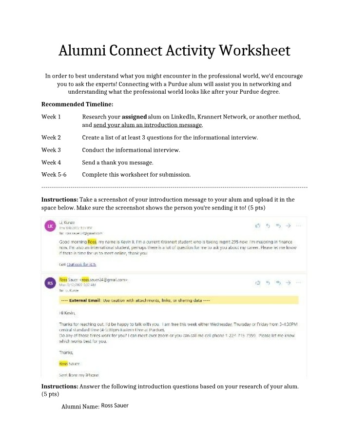 Worksheet for Alumni Connect Activity