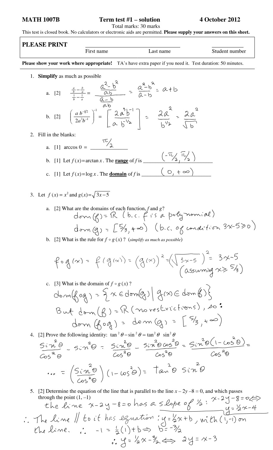 MATH 1007B Term Test 1 Solution Key