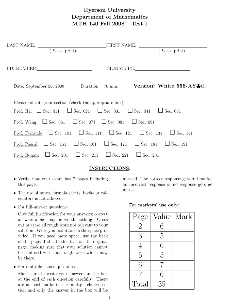 MTH140 Test 1 (Fall 2008)