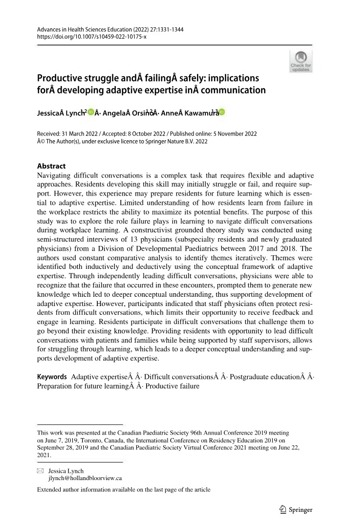 Learning from Difficult Conversations - Developing Adaptive Expertise in Communication
