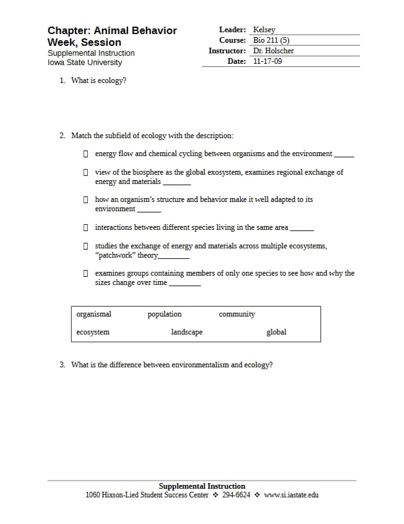 First Session of the Thirteenth Week for Biology I
