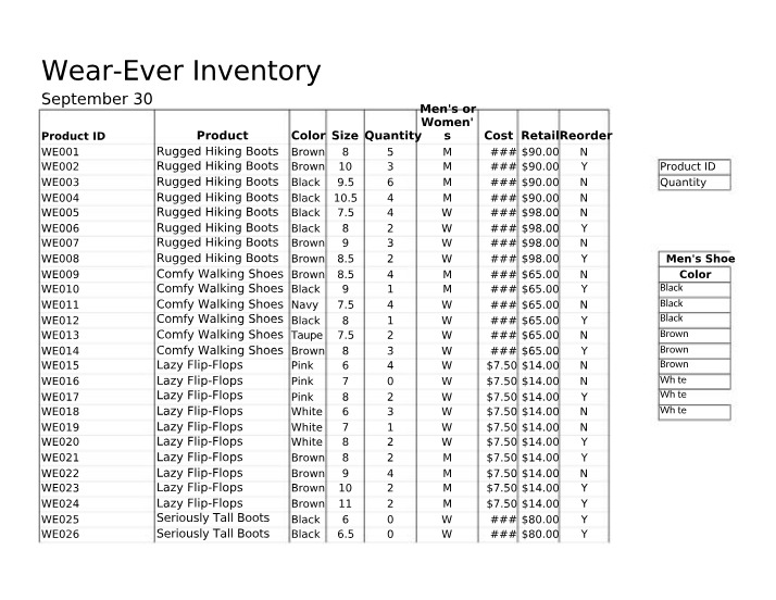 Inventory and Data for Wear-Ever Shoes