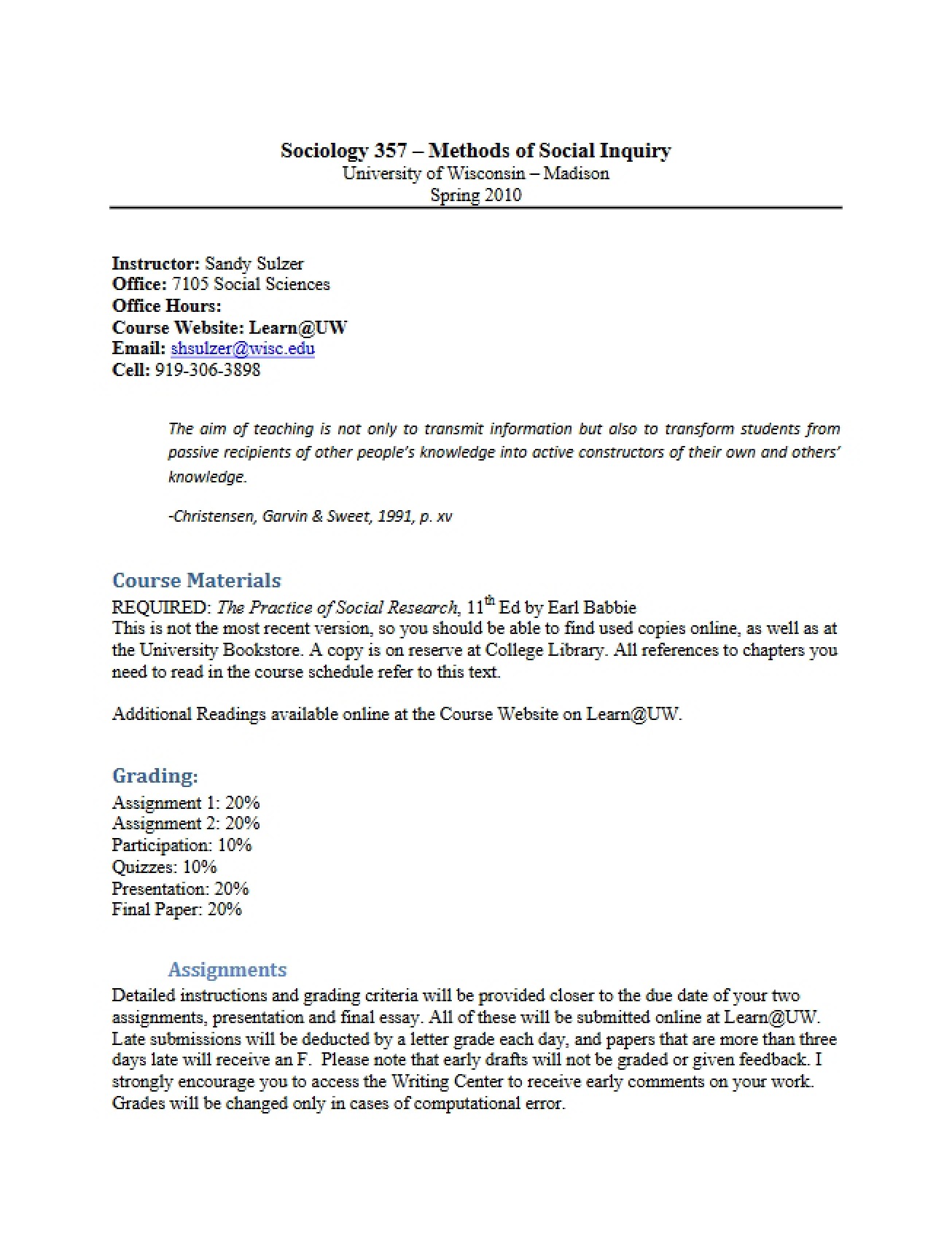 Course Outline for SOC 357 - 6 Pages