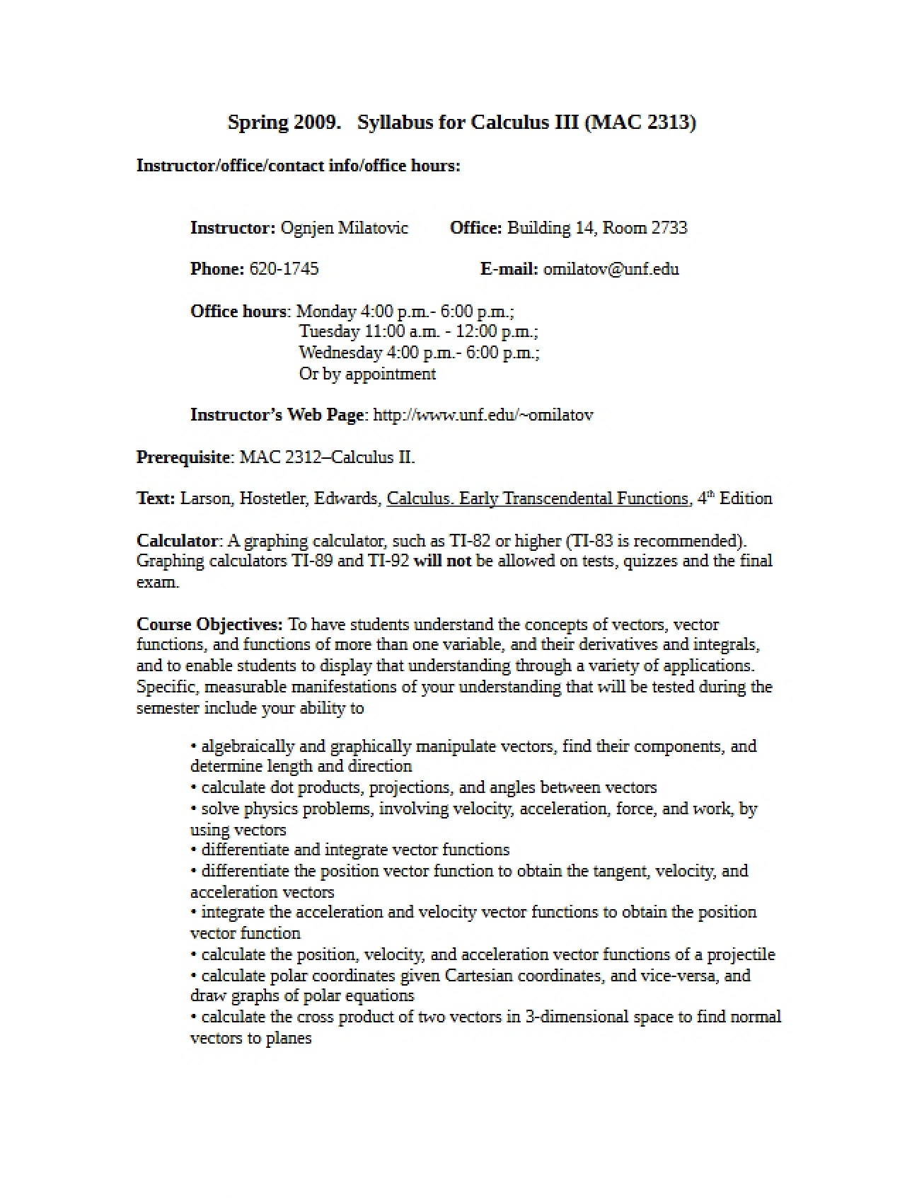 Spring 2009 Calculus III Syllabus