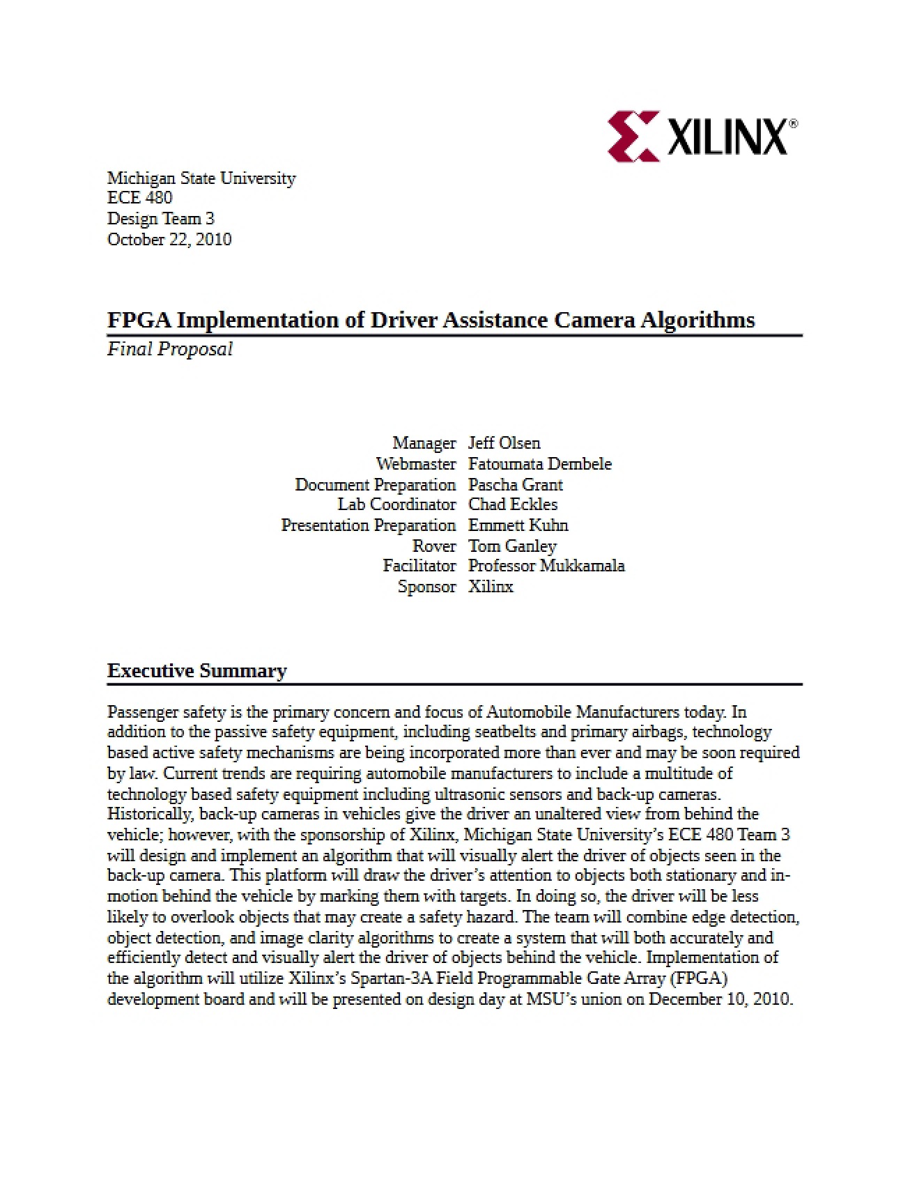 Driver Assistance Camera Algorithms FPGA Implementation