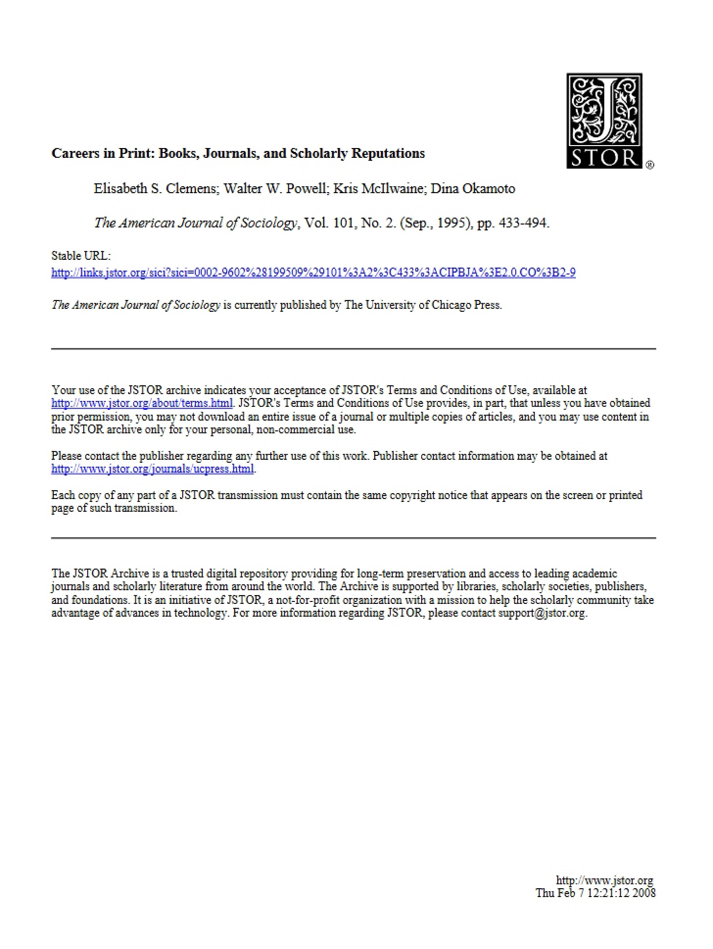 Scholarly Reputations Careers in Print
