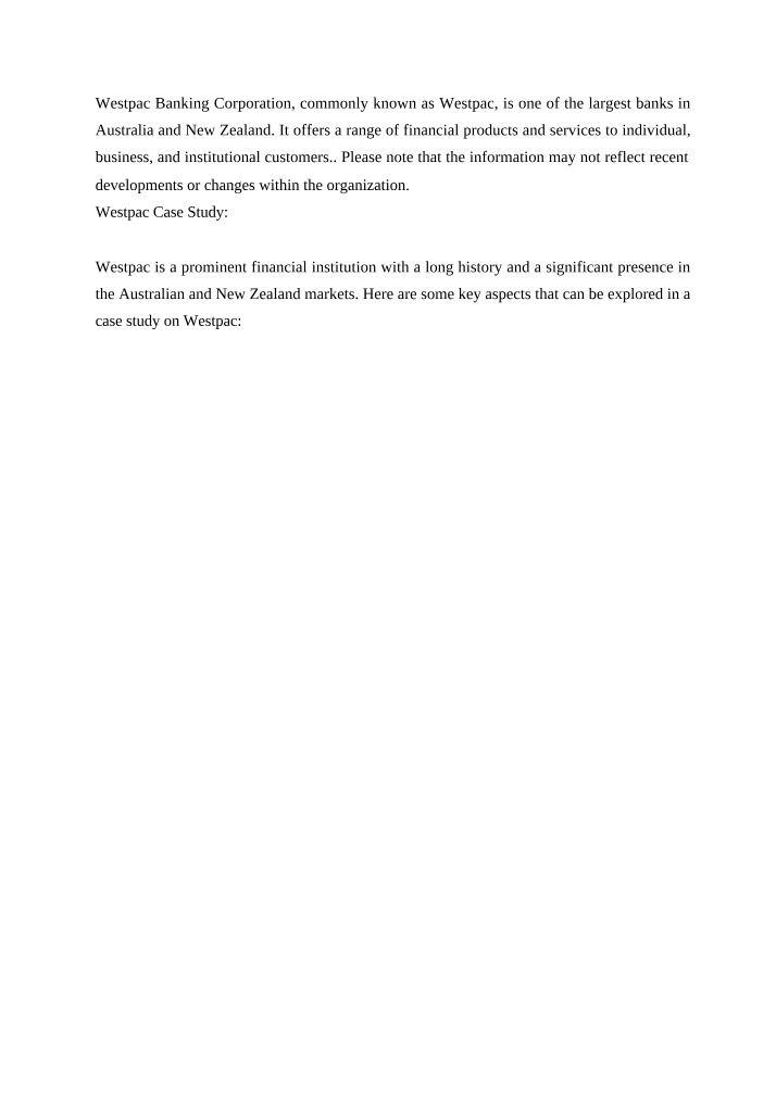 Westpac Financial Case Study