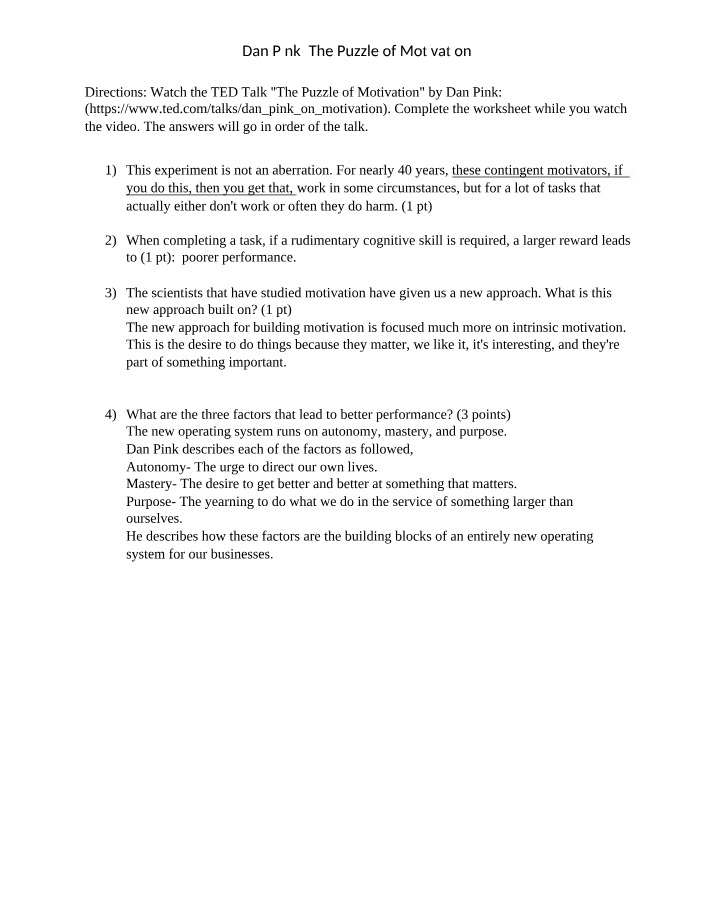 Dan Pink TED Talk Worksheet