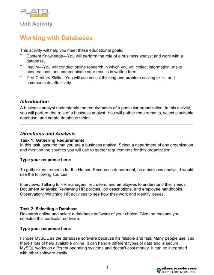 Selecting and Analyzing Database Requirements