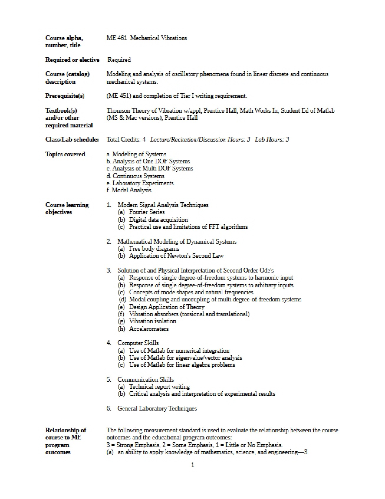 ME 461 Course Outline