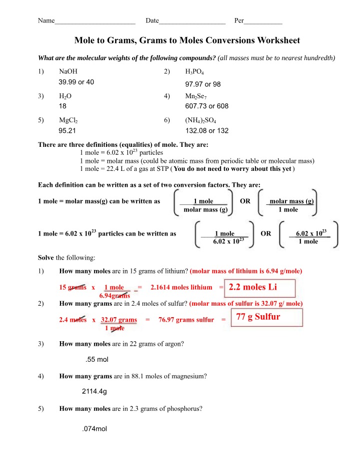 Worksheet for Mole to Grams and Grams to Moles Conversions
