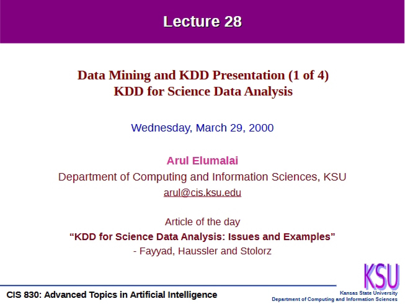 Introduction to the Use of KDD for the Analysis of Science Data