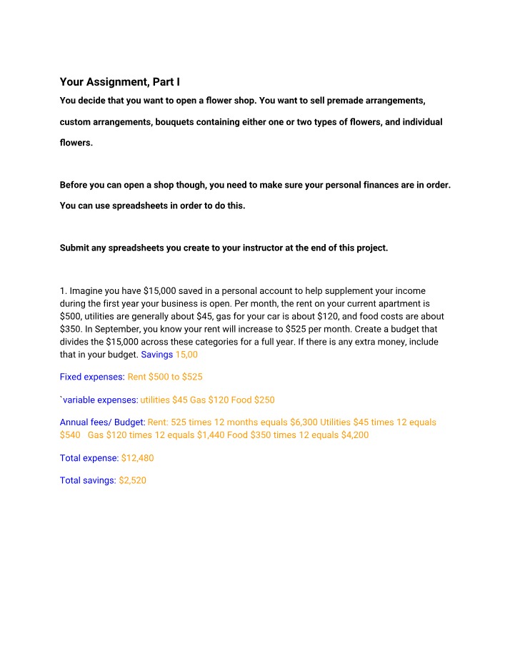 Flower Shop Business Parts I and II Assignment