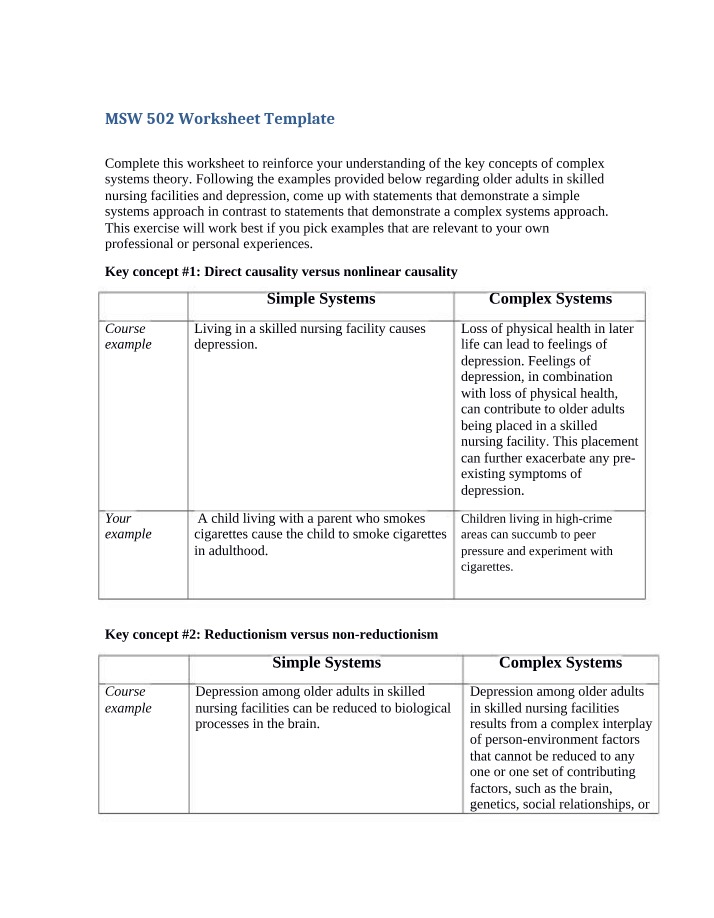 Worksheet Template for MSW 502