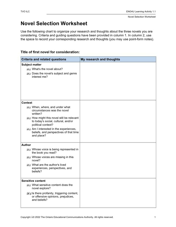 Worksheet for Novel Selection