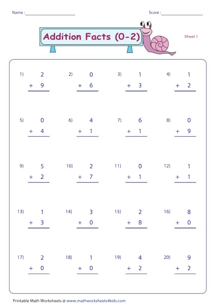 Worksheet - Addition Facts (0-2) with Answers