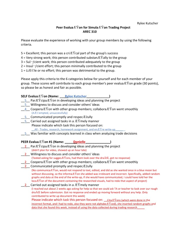 Simulation Trading Project Peer Evaluation Criteria
