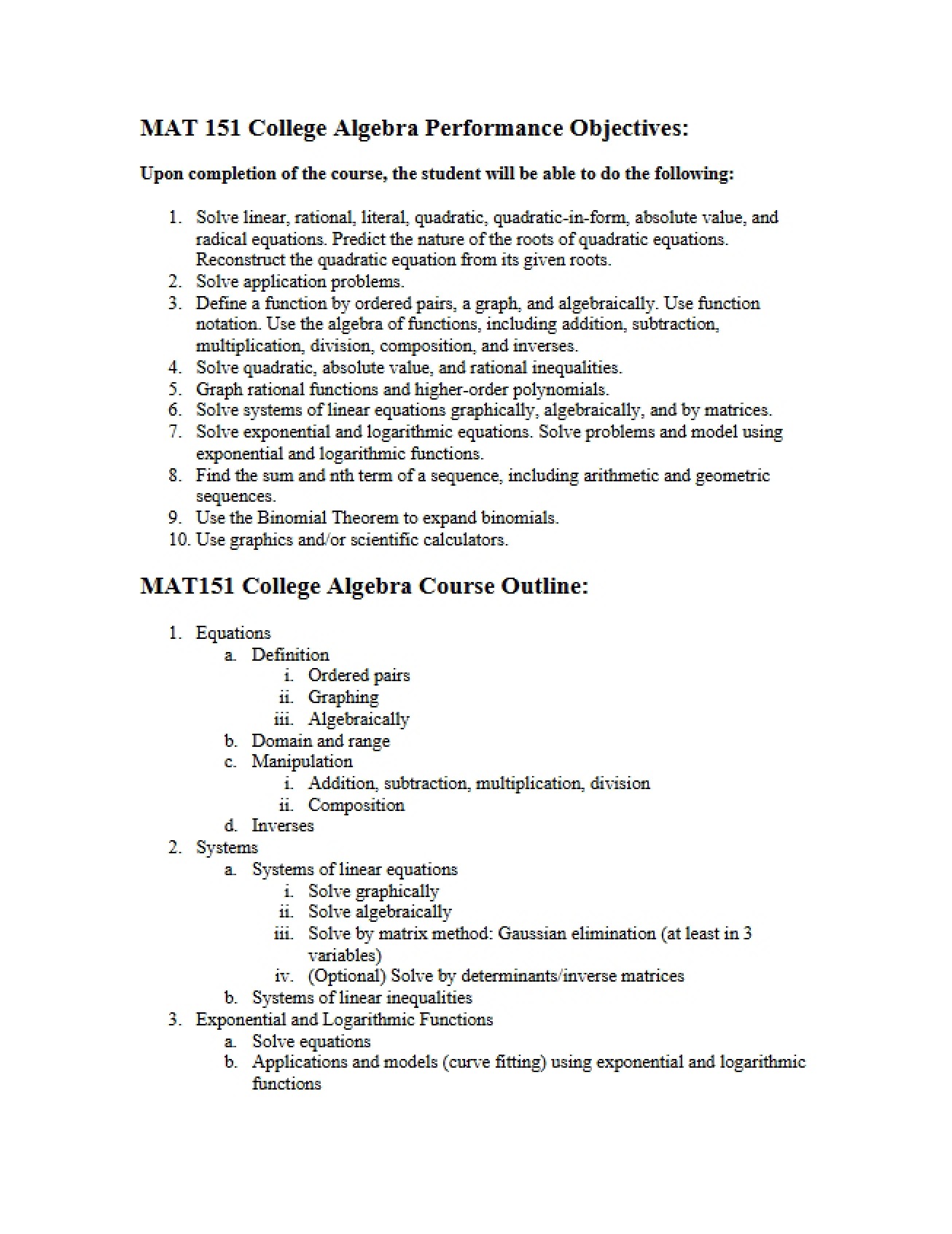 List of Performance Objectives for a College Algebra Course