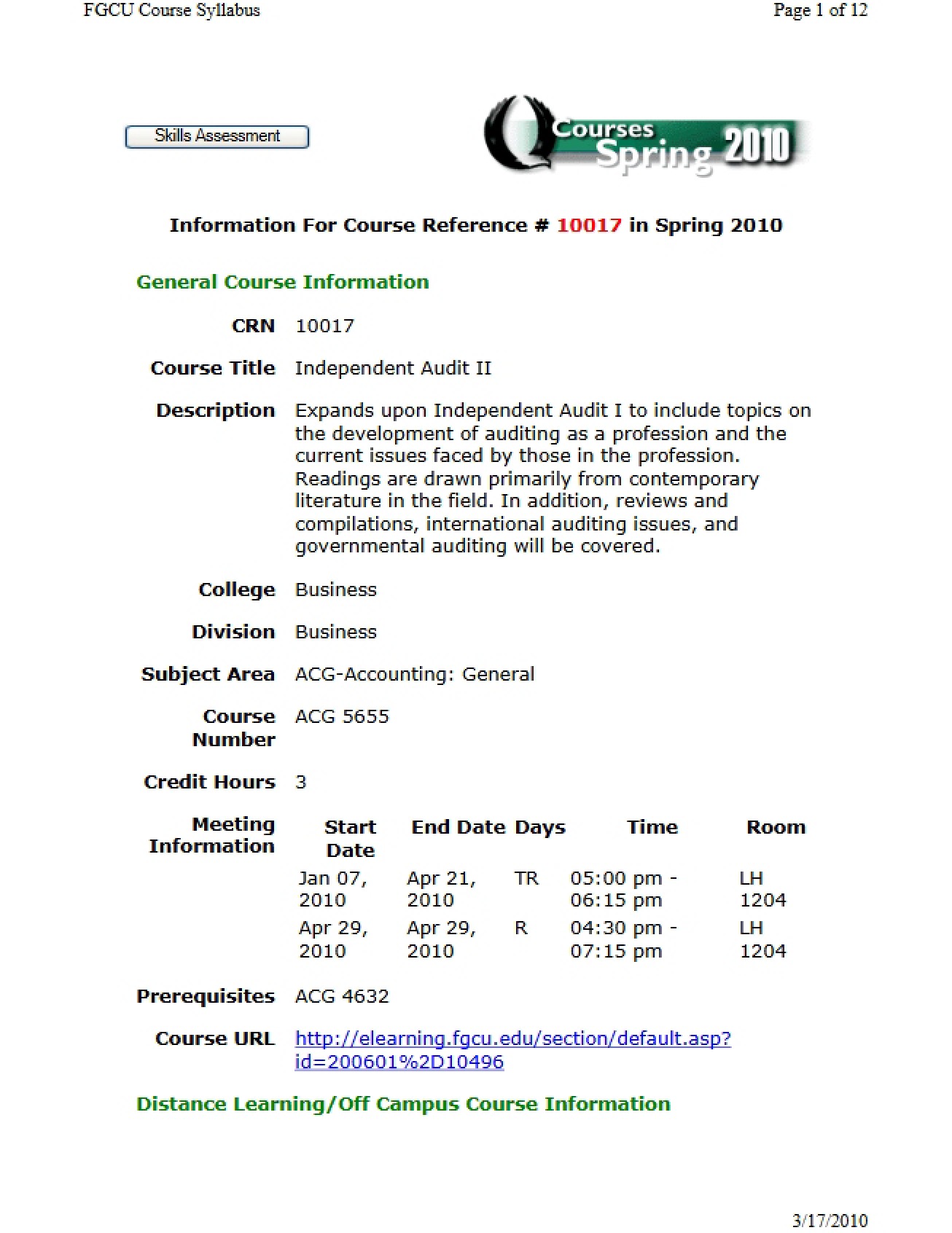 Course Syllabus for Independent Audit II