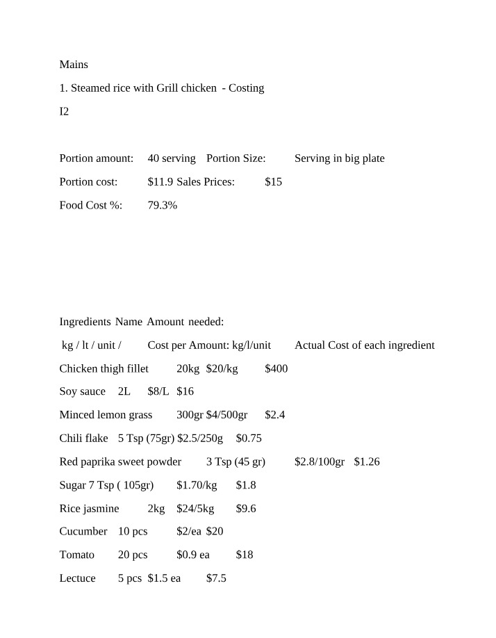 Steamed Rice with Grilled Chicken - Costing