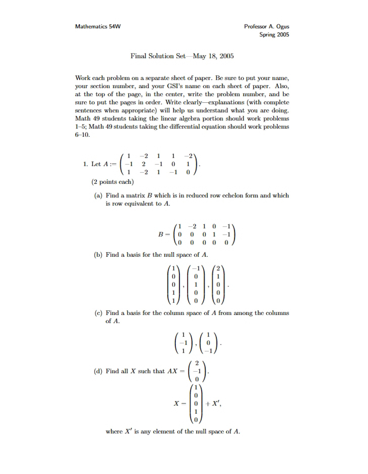 Solution Set Math 54 Final