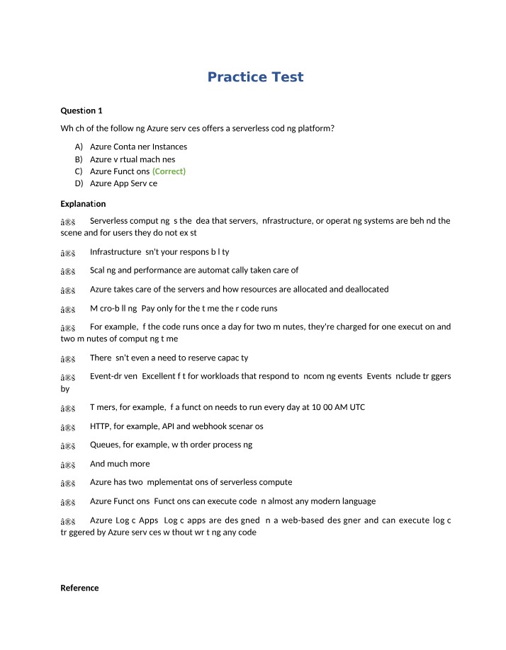 Practice Test for Azure Cloud Computing Concepts