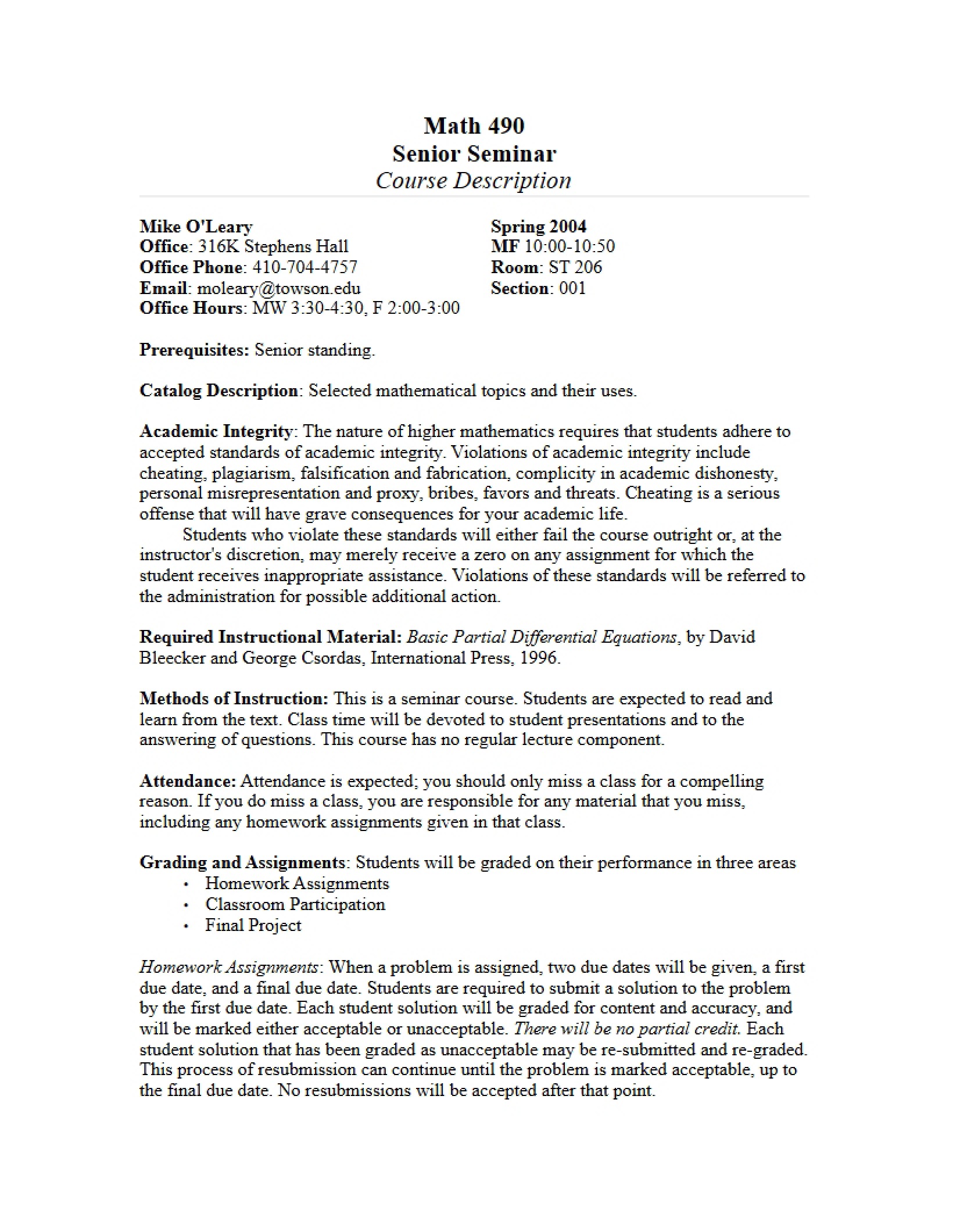 Math Senior Seminar Syllabus