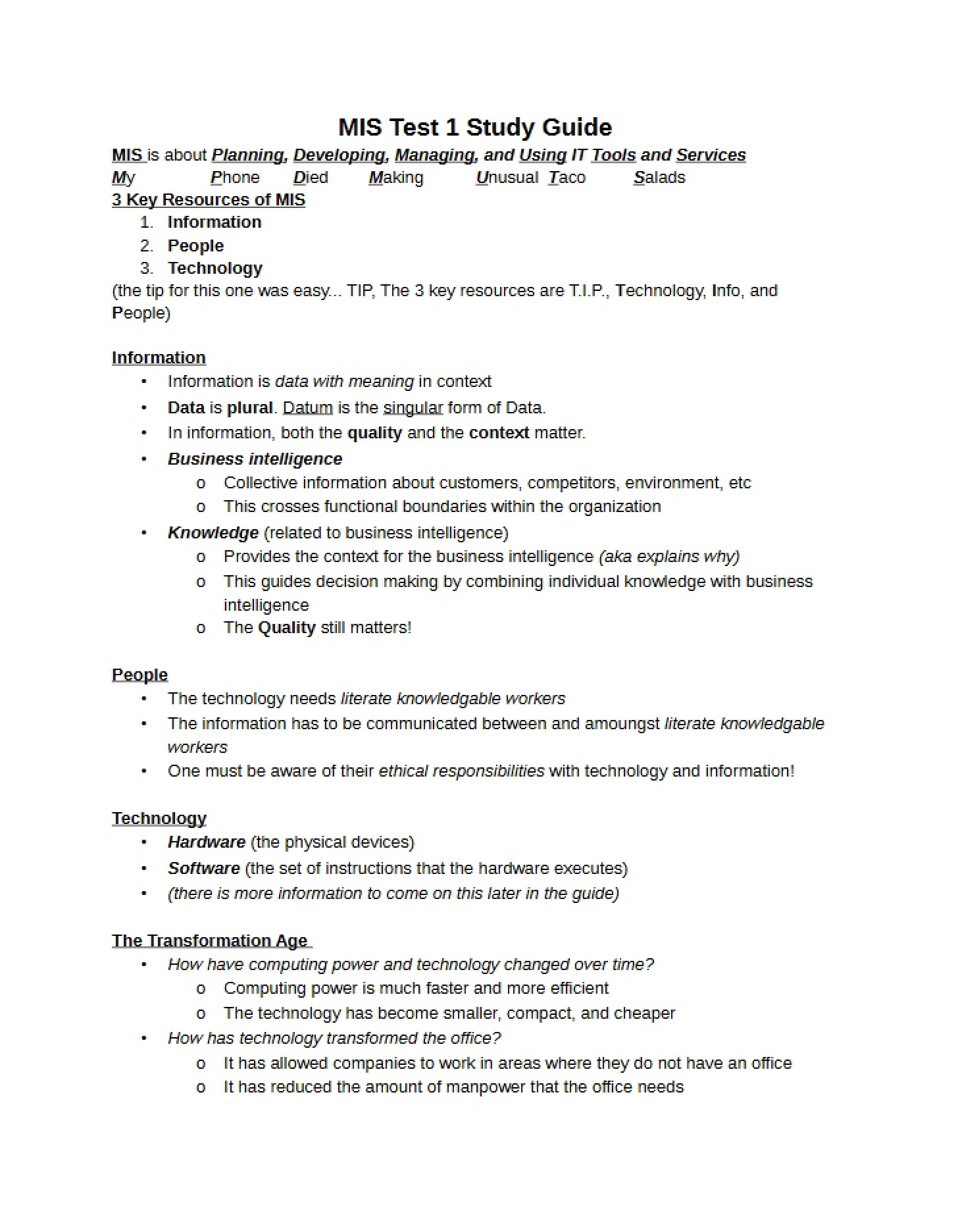 Preparatory Resource for MIS Exam 1