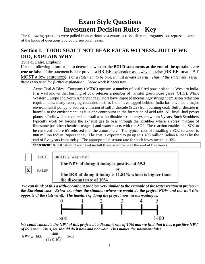 Investment Decision Rules Key - Exam Style 06