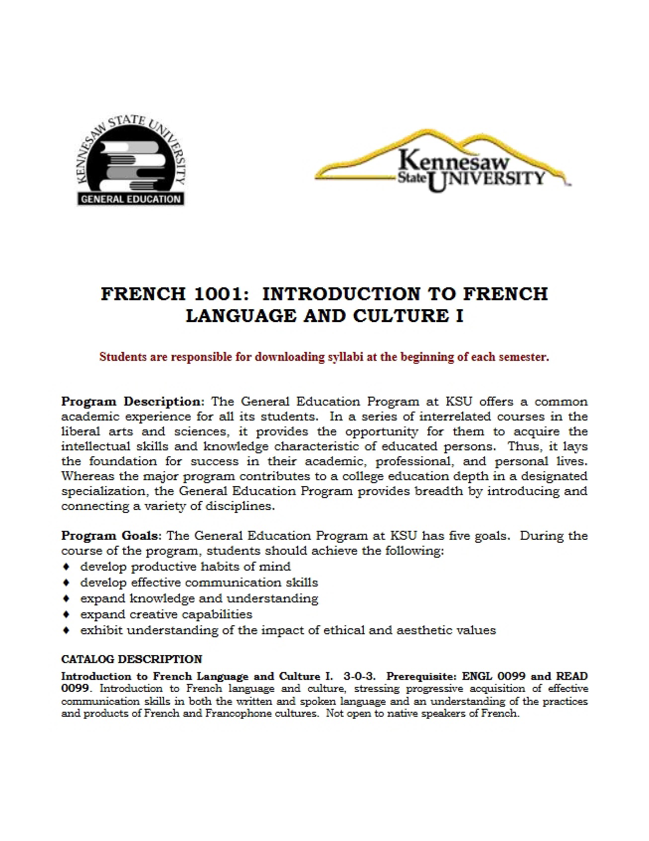 French I Course Overview