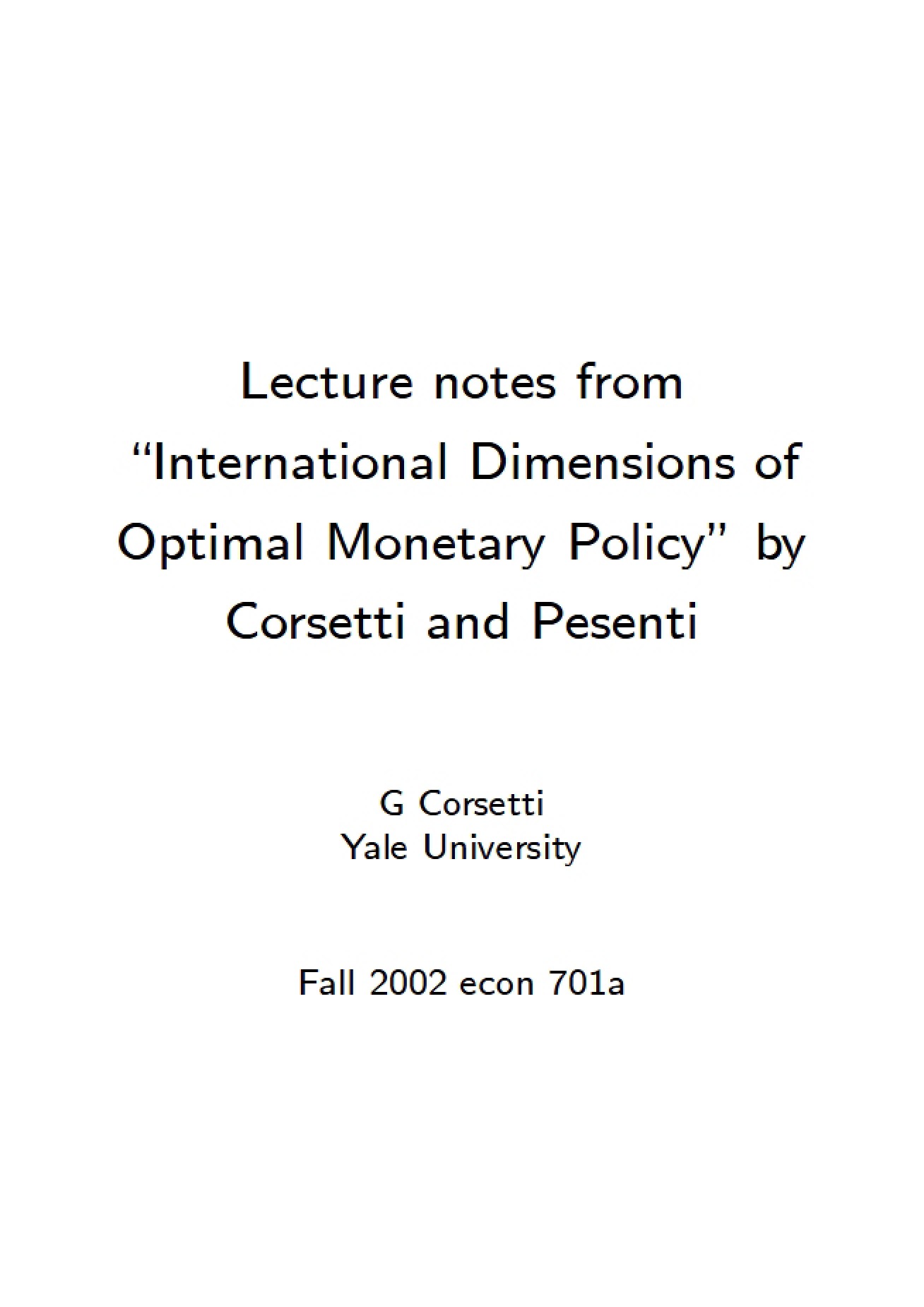 Notes International Dimensions of Optimal Monetary Policy