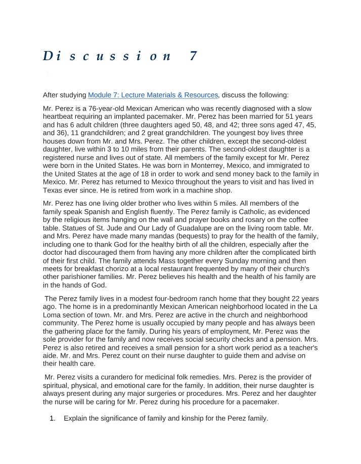 The Significance of Family and Religion for the Perez Family - Discussion 7